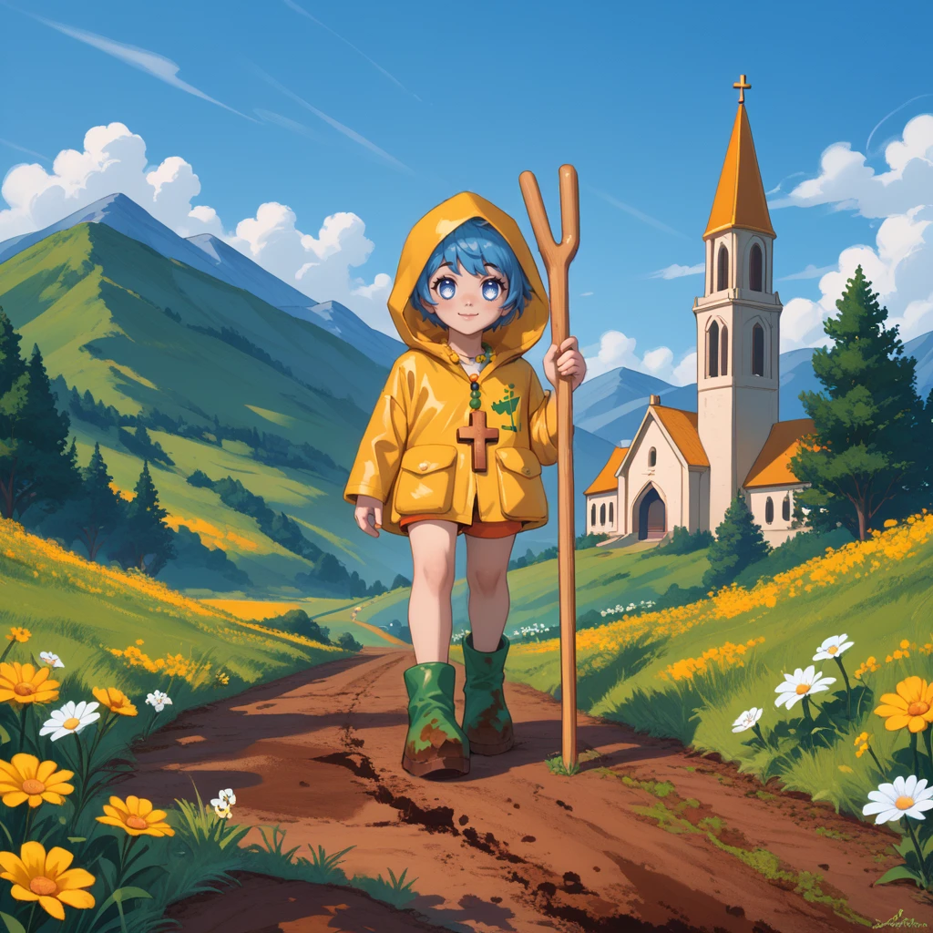 score_9,score_8_up,score_7_up,
luca-light,aqua hair,short hair,blue eyes,symbol-shaped pupils,rosary,yellow raincoat,hood up,green logo,pocket,orange shorts,green rubber boots,mud on boots,
holding cane,hand up,v,looking at viewer,smile,closed mouth,standing,sheep,dirt path,
hill,grass,flower,church,mountainous horizon,sunbeam,<lora:Luca:1>,