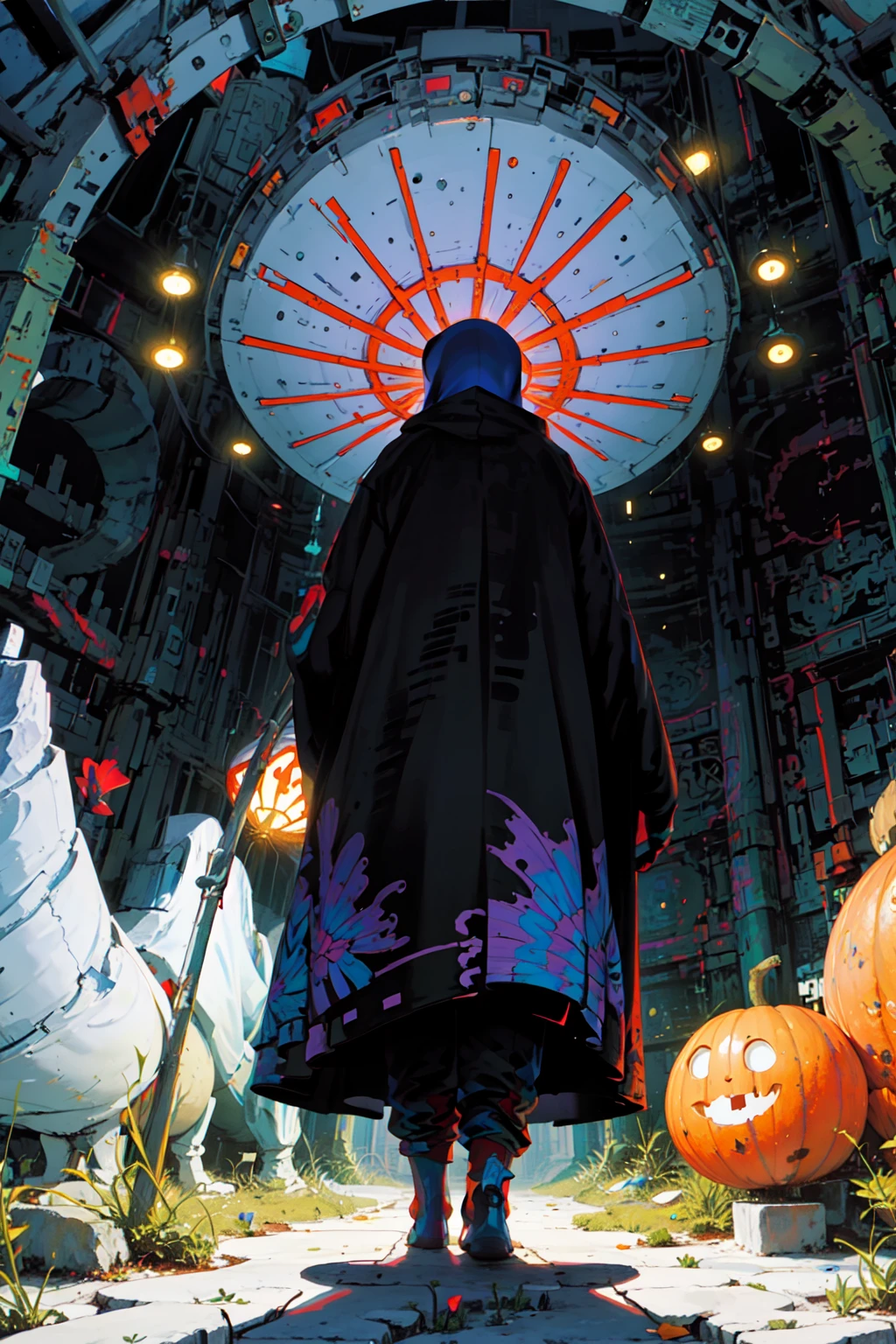 dui,wanshengjie,qq space,A grim reaper in a large hooded cloak holding a long scythe,surrounded by glowing pumpkins and a haunted village under a purple sky,in a digital art style. A detailed image of the character's face with long white hair flowing down his back,the vibrant colors create an enchanting atmosphere. A full-body shot of the grim reaper standing next to the houses in the town,conveying a playful yet mysterious mood.,