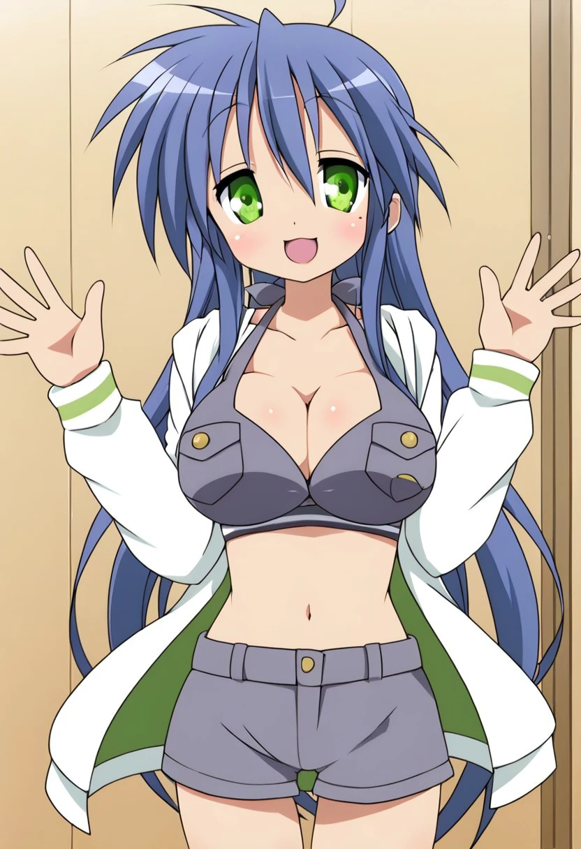 1girl, solo female, indoors, bedroom, happy, smile, looking at viewer, uncensored, BREAK, konatai, BREAK, chiya op 2 outfit, white jacket, hooded jacket, open jacket, long sleeves, green stripes, grey bikini, breast pocket, halterneck, bikini top only, cleavage, large breasts, grey shorts, short shorts,