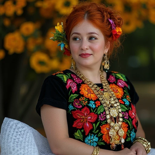 20 years old woman, she is red head with blue eyes, her hair is bun, she is wearing a tradicional mexican dress, the dress is black with embroidered flowers