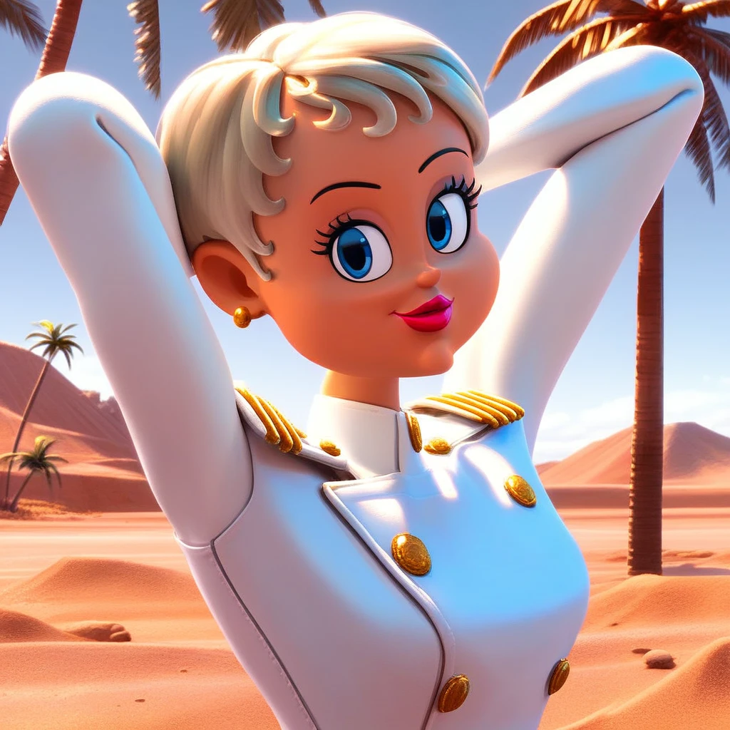 score_9, solo, ericka_vh, 1girl, short hair, platinum blonde hair, lipstick, blue eyes, uniform, earrings, hands behind head, looking at viewer, desert, palm tree, pond, natural lighting