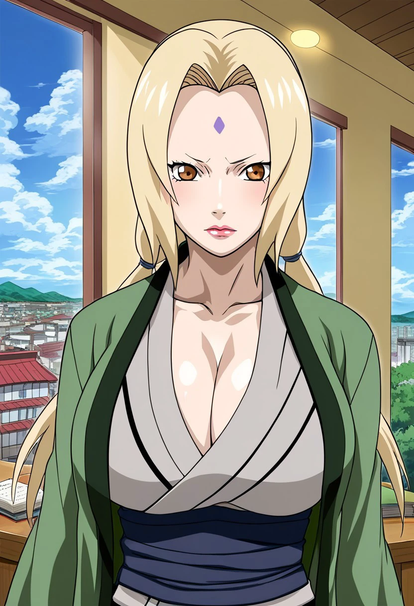 score_9, score_8, score_7_up, source_anime, NelZelFormula, 
scenery, sky, cloud, book, day, window, box, blue_sky, cityscape, desk, paper, indoors
BREAK,
1girl, tsunade_(naruto), solo, blonde_hair, full_shot,
japanese_clothes, facial_mark, forehead_mark, breasts, brown_eyes, cleavage, mature_female, looking_at_viewer, collarbone, kimono, twintails, long_hair, upper_body, large_breasts, haori, makeup, lips, grey_kimono, sash