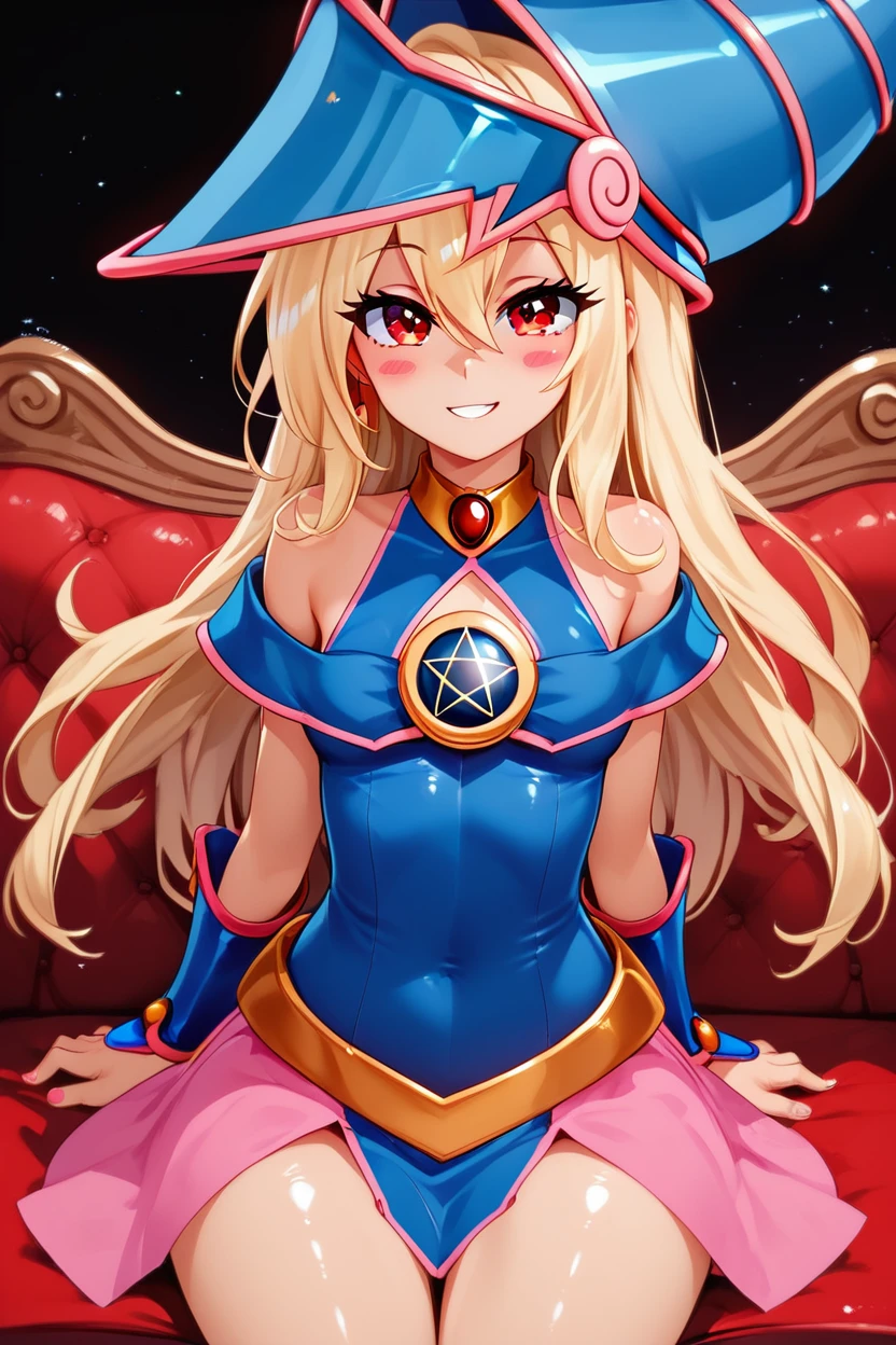 score_9, score_8_up, score_8, large breasts, (curvy), cute, eyelashes,       ,,, , ,,, zzPrismagicCitronOC, hair between eyes, red eyes, blonde hair, long hair, blue headwear, wizard hat, bare shoulders, detached sleeves, pentacle, dress, blush stickers,  <lora:Prismagic_CitronOC_PDXL:0.8>,     ,,,, BREAK, ,,, smile, looking at viewer, blush, blurry, couch, sitting, ,,, shiny skin, <lora:ProAnime_PDXL_v1:0.7>, ,,, embedding:zPDXL, Expressiveh, <lora:SDXLFaeTastic2400:0.5>, <lora:Expressive_H-000001:0.4>,