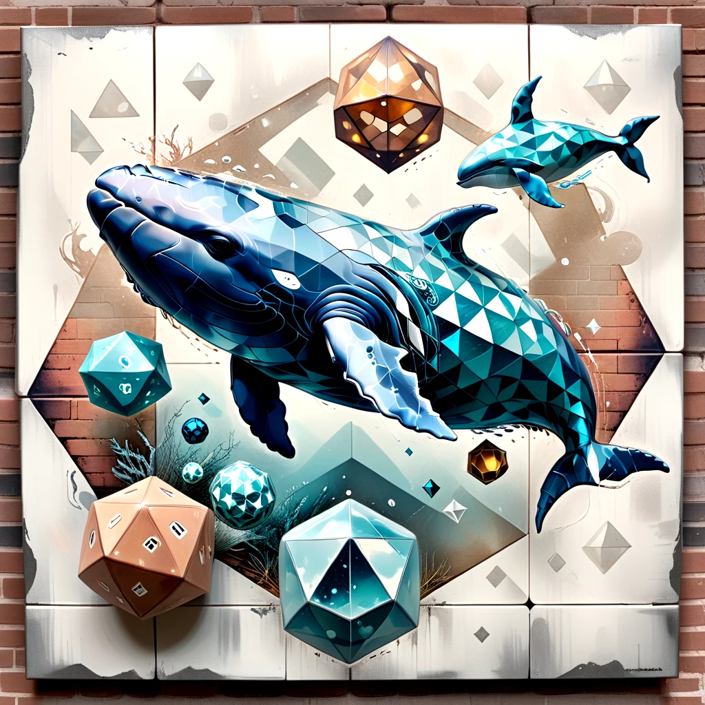 geometric animal print, whale, dodecahedrons, resin, wool, surrealism style, Atmospheric Depth, muted tones, brick pattern, double exposure effect, airbrush accents, woven, micro-textured texture, pearlescent finish  <lora:artfully_4QUADKAOS:0.8>