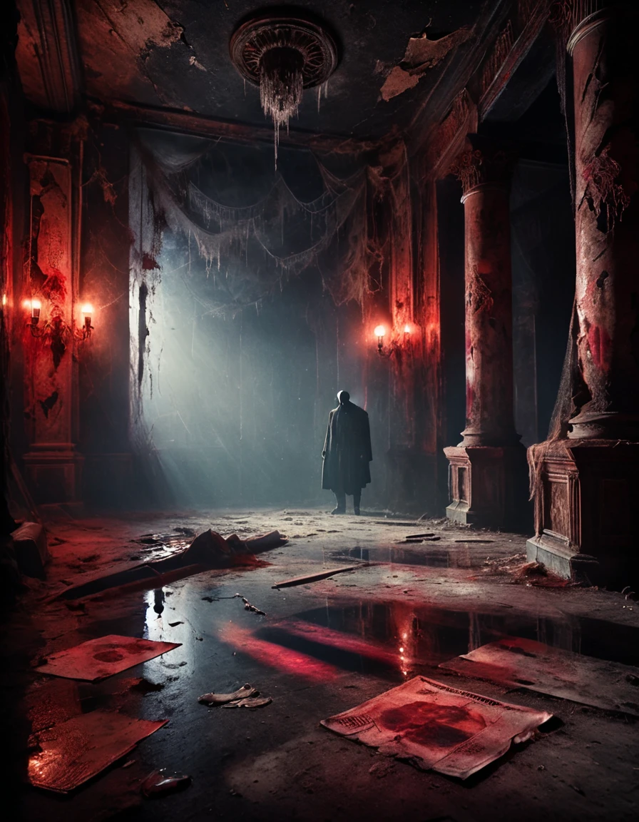 ancient decaying theater lobby, cracked marble pillars, dusty chandeliers, dim red lights, misty floor, torn posters, eerie shadows, dark atmosphere, ghostly figure in background, horror vibes
<lora:ral-hrthtr-sdxl:1>