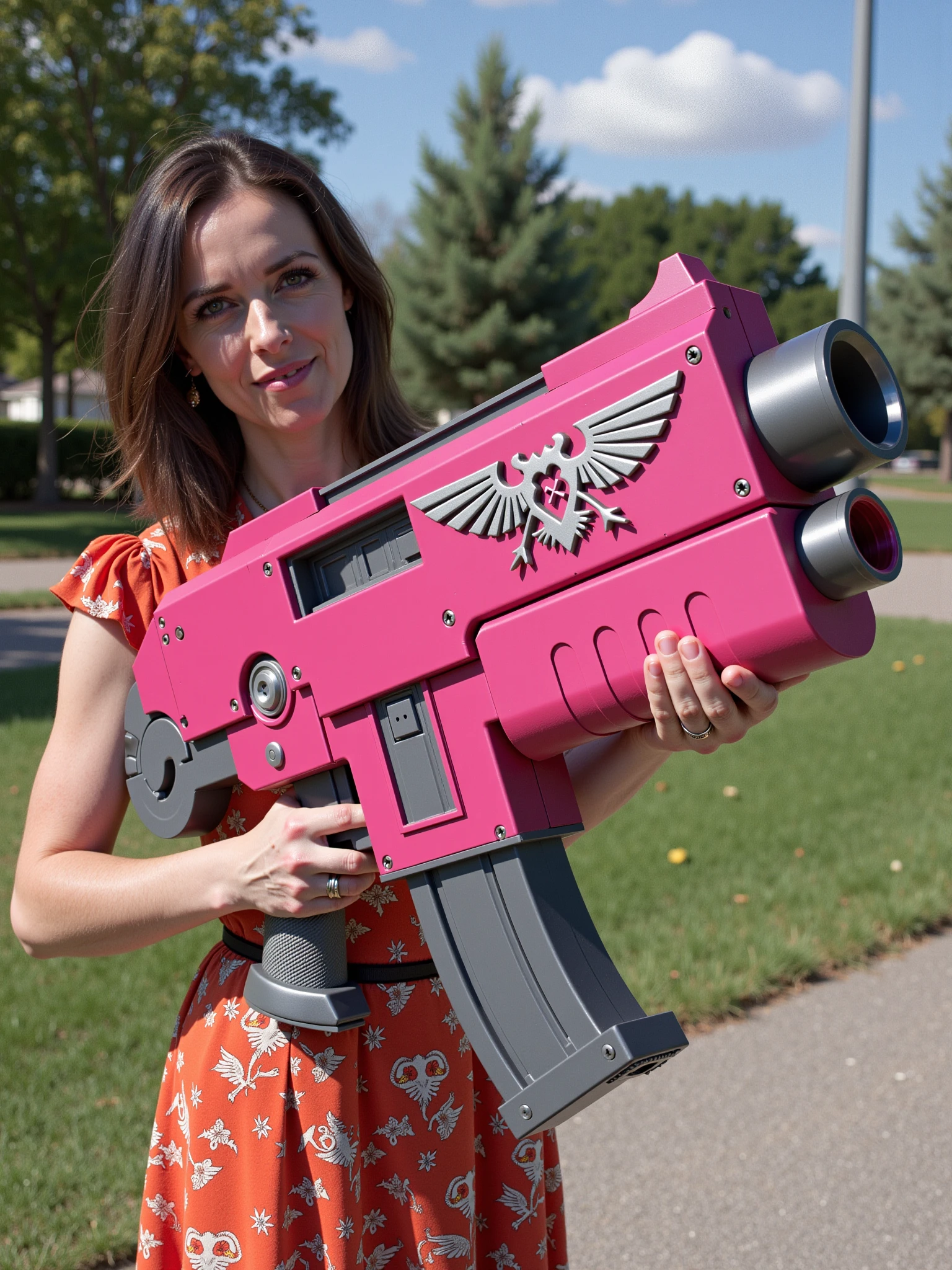 woman in a colorful dress is holding an mad-gdwn-bltr gun as she stands in a public park, the gun is painted pink with silver deatils and sparkly love hearts, handle and grip are brushed metal and leather, <lora:Bolter_Godwyn_FLUX:1>