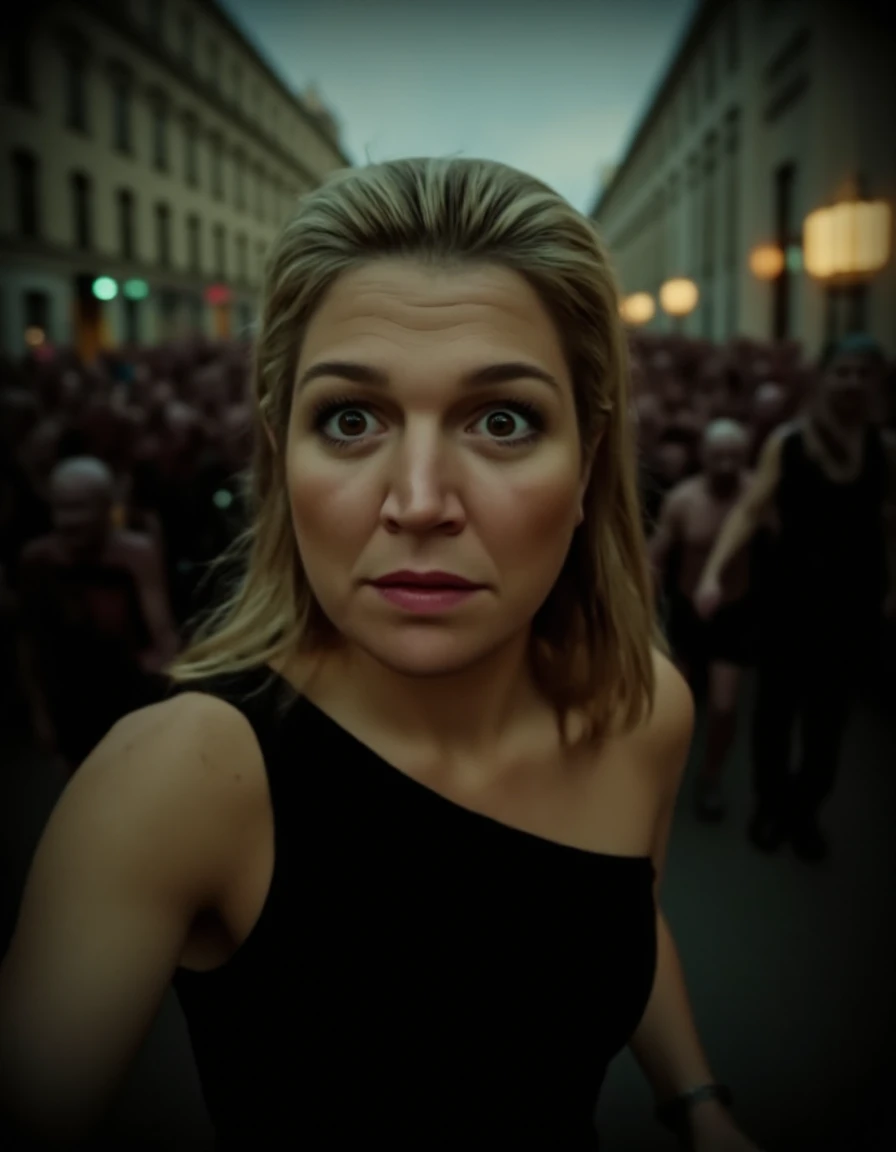 cinematic film still <lora:Queen Maxima:1.8> Queen Maxima, blonde hair, brown eyes, One-shoulder top, scared, fisheye lens selfie, running from zombie attack, zombie crowd in the background, shallow depth of field, vignette, highly detailed, high budget Hollywood film, bokeh, cinemascope, moody, epic, gorgeous, film grainâââ