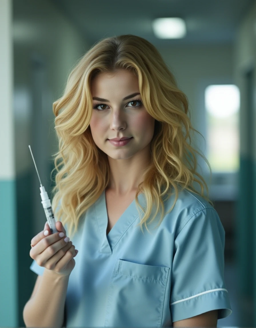 a realistic photo, hospital scene, upper body, she wears pastel scrubs, she looks directly at the viewer, eye contact with viewer, facing the viewer, smiling, artificial lighting, 8k resolution, diffused lighting, realistic shadows, detailed skin, holding a hypodermic needle a woman, blonde hair