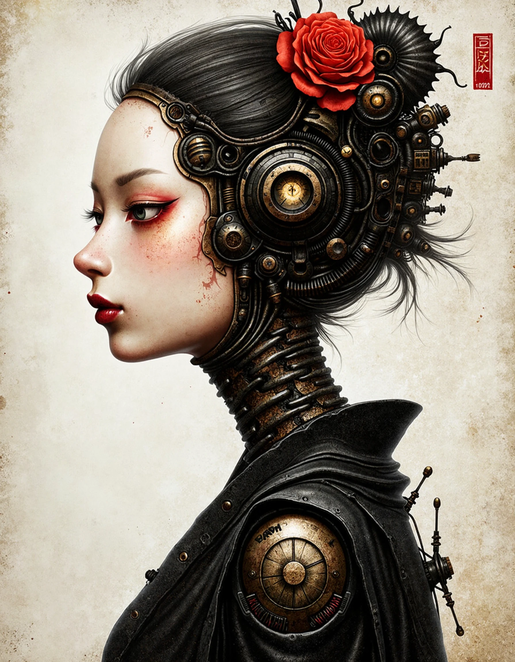 highly detailed surreal drawing, gothic steampunk, biomechanical geisha, mechanical vertebra, abstract background
 <lora:shichigoro:1>