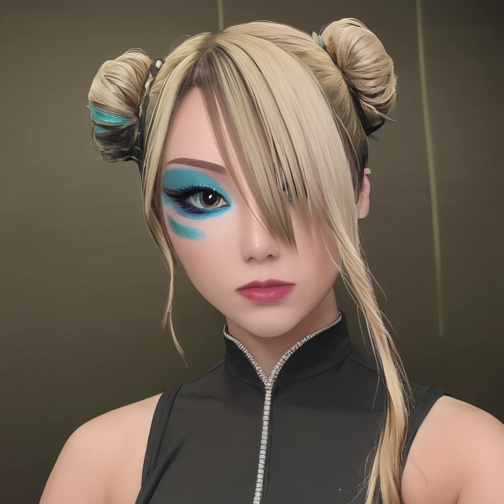 masterpiece,  best quality,   <lora:Pony_Kairi_Sane:1>, k@iri$ane, 1girl, solo, blonde hair, hair bun, makeup, hair over one eye, double bun, looking at viewer, brown eyes, eyeshadow, multicolored hair, upper body, blue facepaint, facepaint