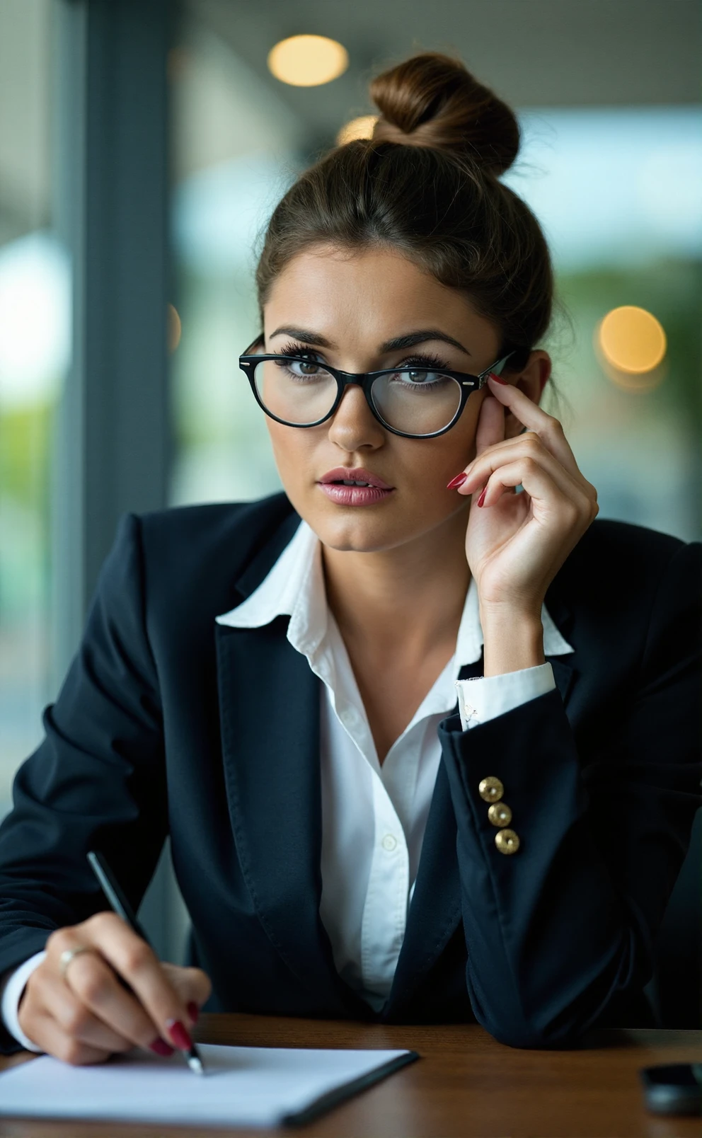 A candid professional photograph of a young woman, Ind1a_Reynolds, dressed in a business suit with her hair in a tight bun, sat in a board meeting in a modern office, she is extremely bored and is holding her glasses in her hand while daydreaming of her vacation, bokeh, detailed skin, SFW<lora:India_Reynolds-000018:1>