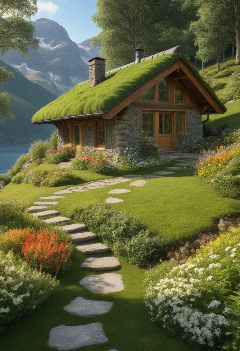 Ultra realism, high quality, high resolution 8K and above, stable and accurate focus, ultra correct anatomy, super detail. A house that blends into the environment in the forest, built of stone and wood. The roof is covered with thick grass and colorful flowers, which give the house a harmonious and natural look. The trees around the house are tall and green, with leaves that cast shadows on the house. In the foreground is a small path, covered with moss and flowers, leading to the front door. The air is fresh and clean, and the sunlight breaks through the leaves, illuminating the scene with a soft, golden light. In the background, mountains and a clear lake can be seen, giving the landscape an even more majestic appearance.