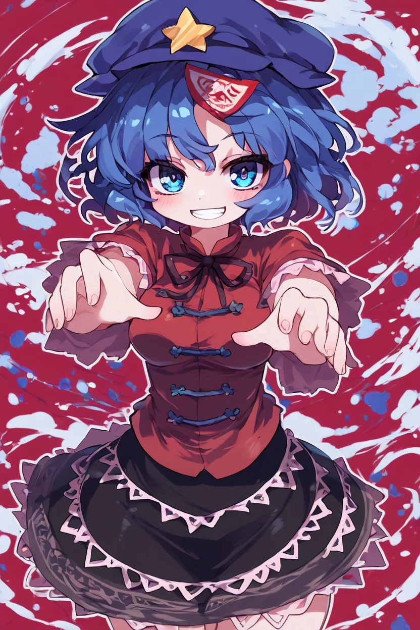 score_9, score_8_up, score_8, medium breasts, (curvy), cute, eyelashes,       ,,, , ,,, zzMiyako, blue eyes, blue hair, short hair, jiangshi, pale skin,  hat ornament, ofuda, star hat ornament, zombie pose, outstretched arms, black skirt, shirt <lora:MiyakoYoshika_Touhou_PDXL:1.0>,     ,,,, BREAK, smile, looking at viewer, cowboy shot, ,,, embedding:zPDXL, Expressiveh, ,,, <lora:Zankuro_Style_PDXL:0.7> <lora:SDXLFaeTastic2400:0.5>, <lora:Expressive_H-000001:0.4>,