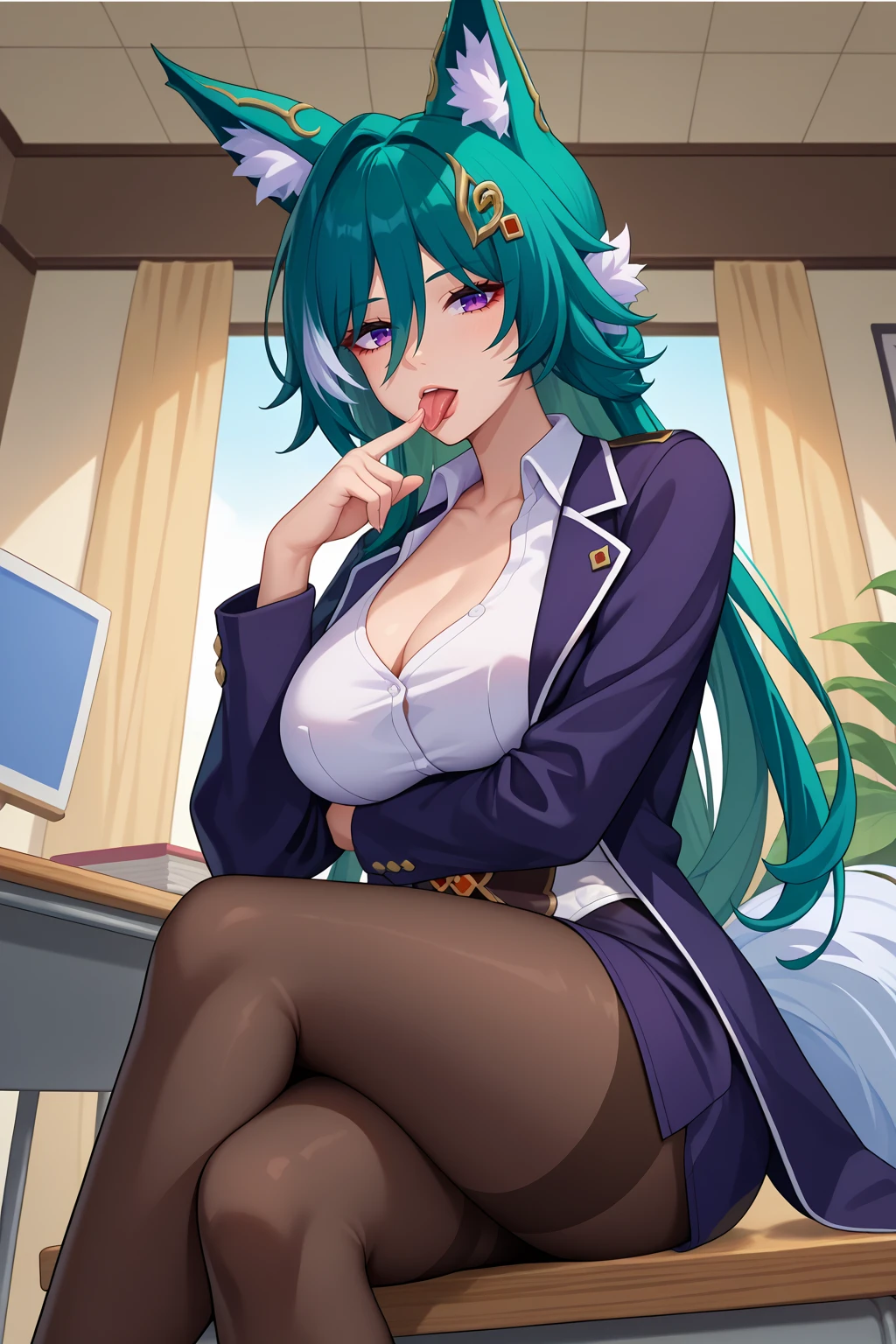 score_9, score_7_up, source_anime, looking at viewer, licking finger, tongue out, yk0g, fox ears, fox tail, long hair, green hair, hair between eyes, purple eyes, large breasts, hair ornament, jacket, collared shirt, miniskirt, black pantyhose, sitting on desk, crossed legs, indoors, <lora:Hoseki_HonkaiStarRail_Yukong_PDXL_v1:1>