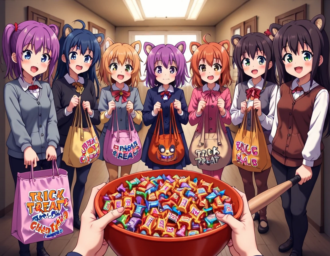 trick or treat, cute, holding candy bowl, handing out candy, anime, text,
a group of shiba inu dogs collecting candy, they are each holding a candy bag in their teeth.
they are each holding out their subsequent candy bag.
the candy bowl holding viewer is holding a bonking baseball bat.
 <lora:Trick__OR__Treat:1>