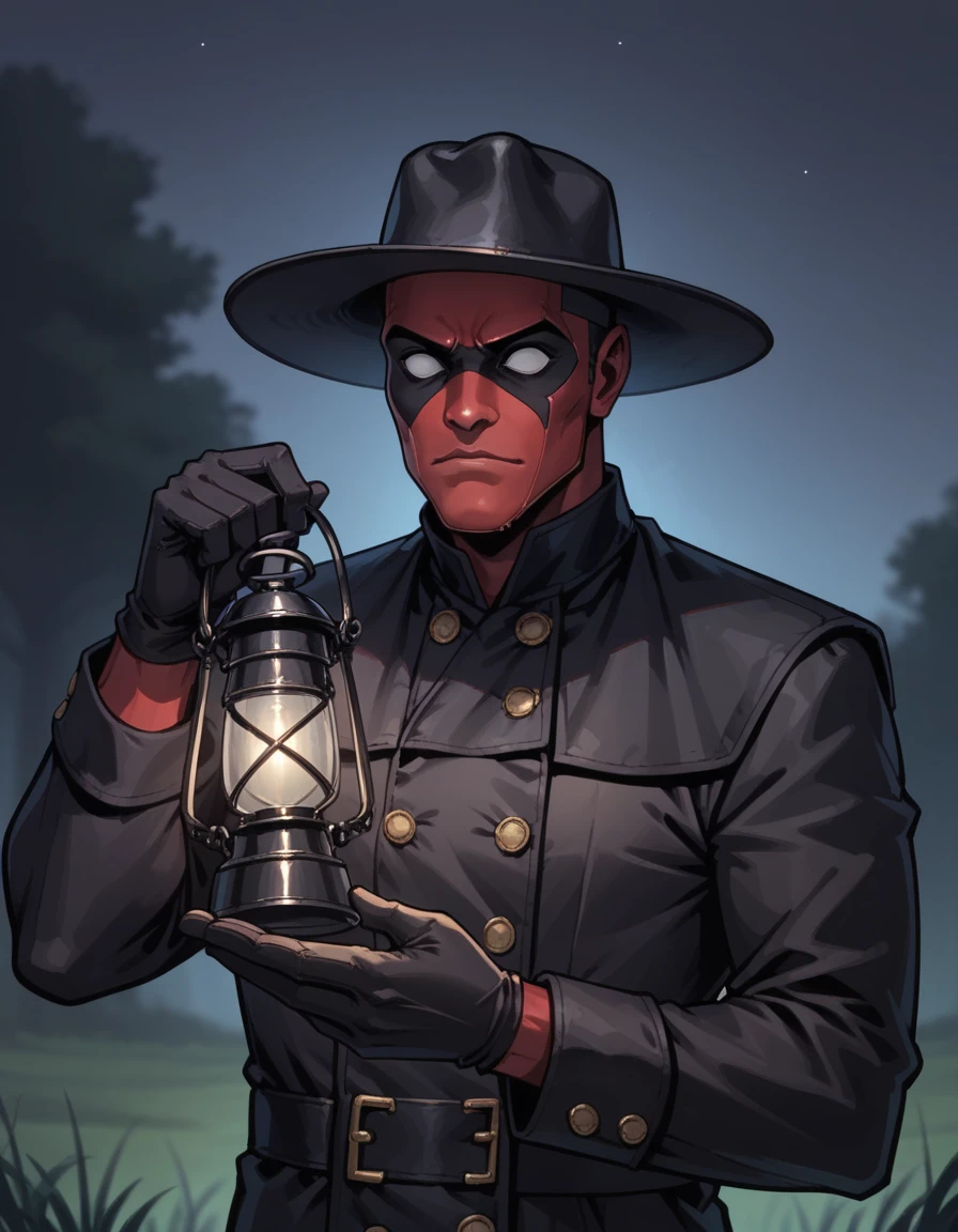 score_9, score_8_up, score_7_up, score_6_up, score_5_up, score_4_up, 1boy, Deadpool, solo, black headwear, hud_plagu3_doc, double-breasted black coat, buttons, black gloves, black capelet, facing viewer, hat, upper body, <lora:hud_plagu3_doc_XLP:0.8> , night, outdoors, holding lantern