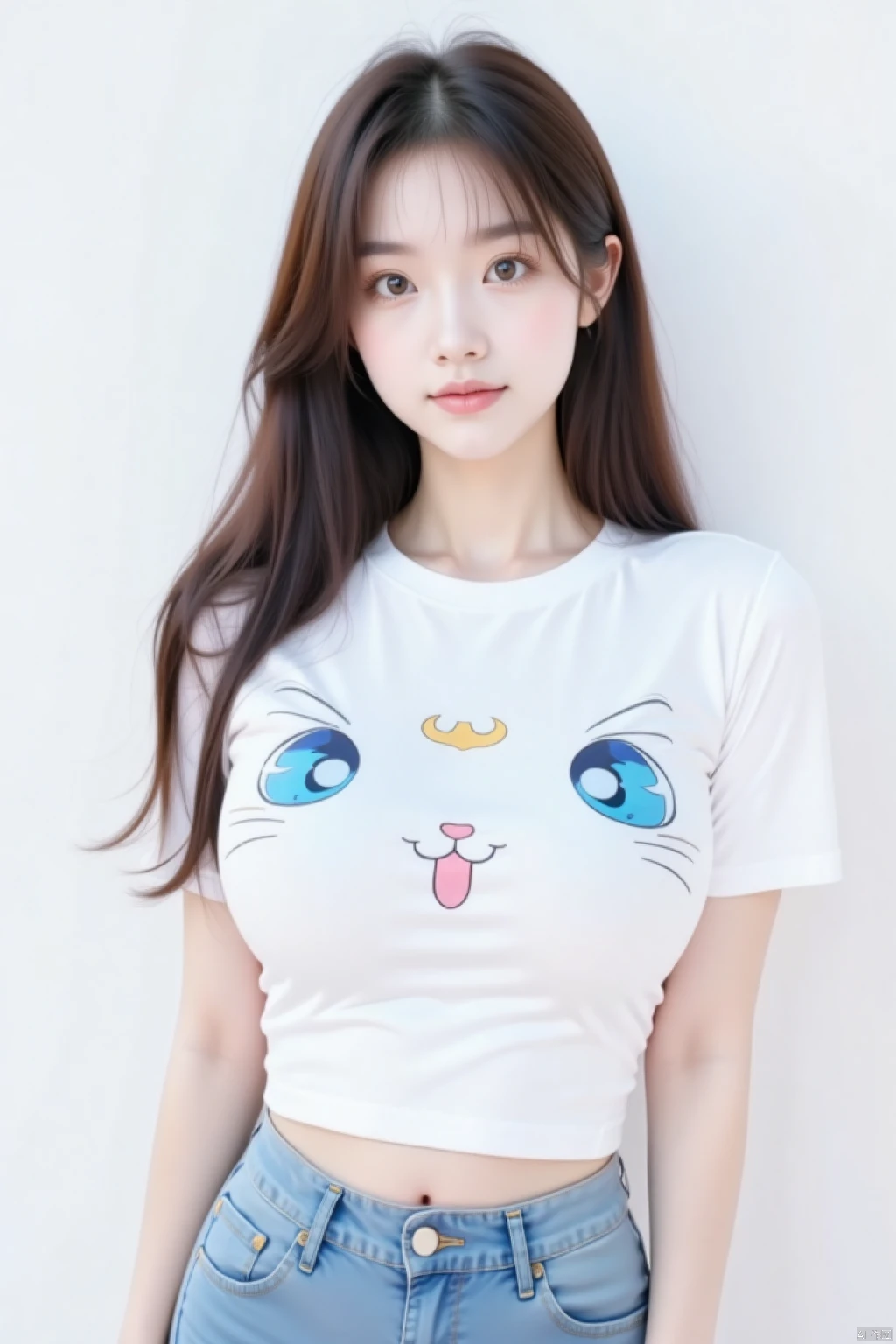 Internet celebrity clothing,a young Asian woman stands in front of a white wall. She is wearing a white t-shirt with a cat face on the front of it,adorned with blue eyes,a pink tongue,and a yellow smile. Her hair is long and cascades over her shoulders,adding a pop of color to her outfit. The backdrop is a stark white