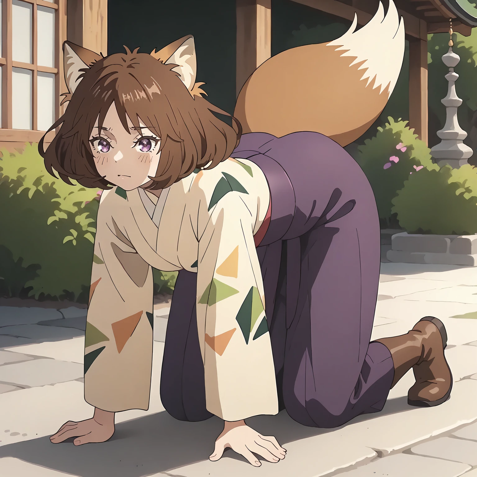 <lora:DG_Dongitsune2XLpony001>,
outdoors,
solo,
Dongitsune2,1girl,brown hair,medium hair,fox_ears,purple eyes,
japanese clothes,
purple hakama,
fox tail,
lace-up boots,
all fours,