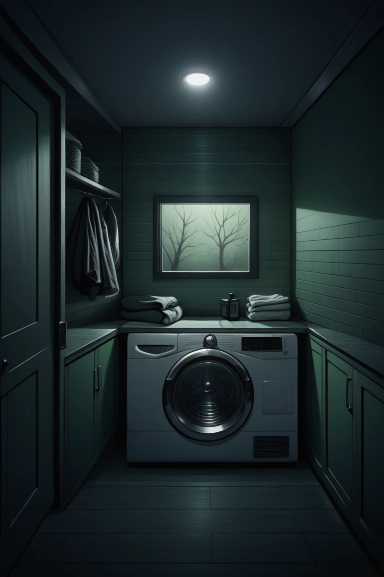 score_9, score_8_up, score_7_up, source_anime, rating_safe, midnight, dark environment, green theme, natural lighting, laundry room focus, CandiLR, 1stclutter, 2ndclutter, 3rdclutter, 4thclutter, negative space, from above, intricately detailed illustration, depth of field, atmospheric perspective, realistic shading, horror (theme)