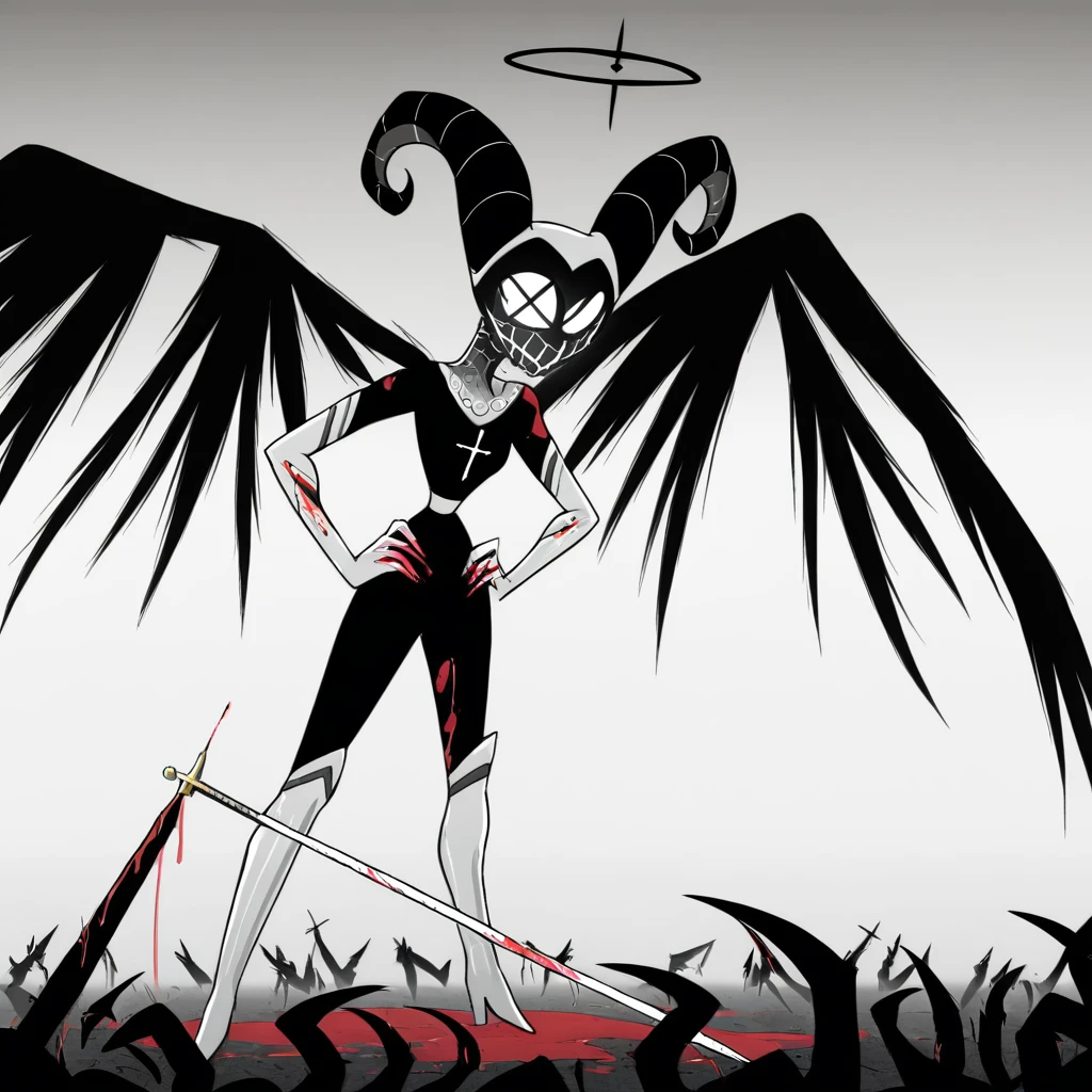 (best quality, masterpiece), angels, angry, flying towards, center, dark clouds, lightning, glowing white eyes.