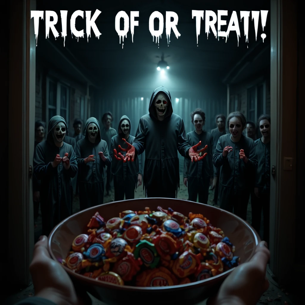 rating_safe,
holding candy bowl, handing out candy, trick or treat, text, 
6+boys, 6+girls, group, bad end, scary, horror, zombie swarm, 
 <lora:Trick__OR__Treat:1> <lora:zy_Horror_Monsters_v1:0.7>