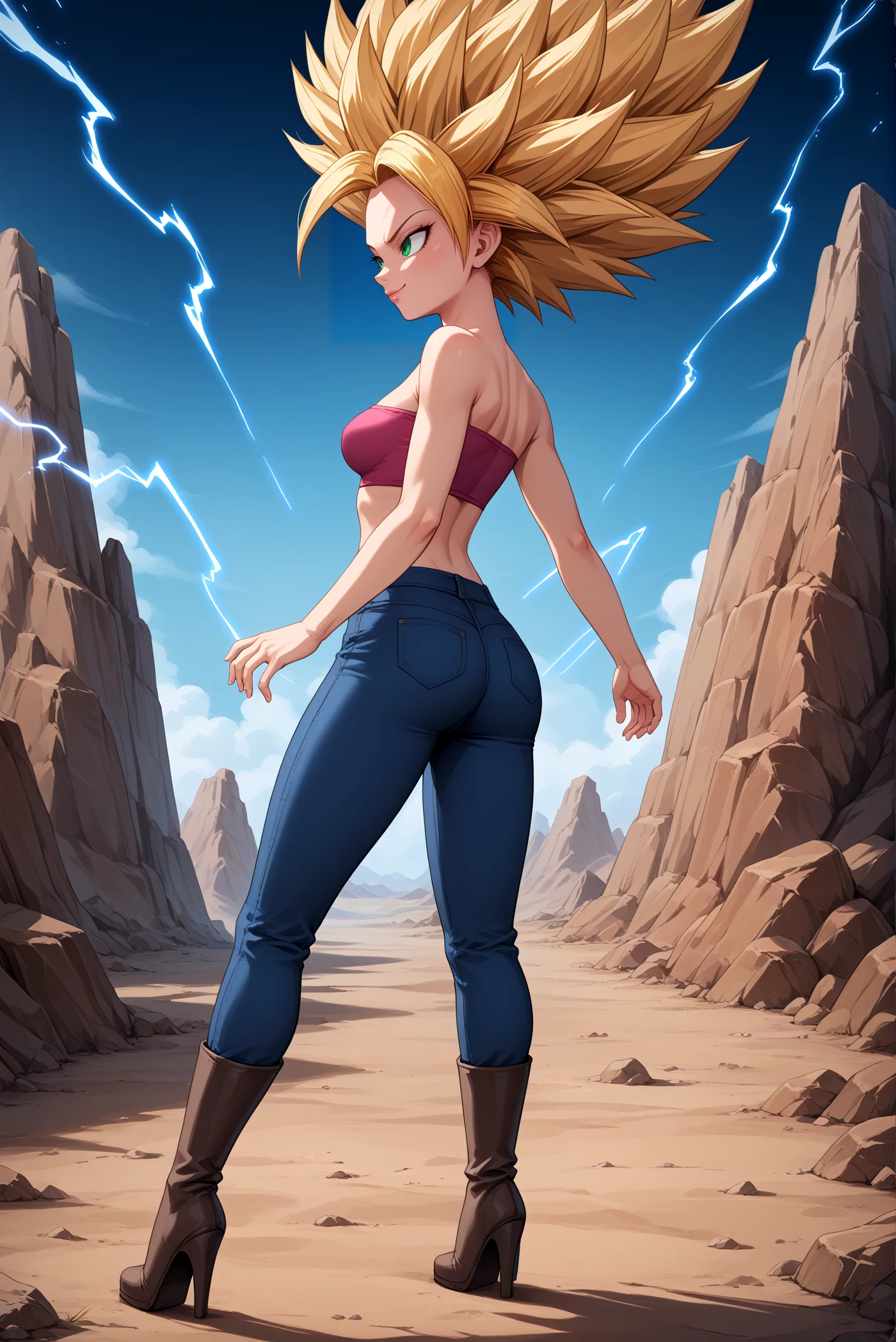 score_9, score_8_up, score_7_up, score_6_up,
<lora:Caulifla:1> c4ul1fl4, 1girl, solo, blonde hair, green eyes, spiked hair, big hair,
super saiyan, aura, power aura, golden aura, electricity
tube top, tight jeans,
<lora:cl-thighboots:0.2>, leather boots, platform boots, thigh boots, high heels, (zipper:0.9),
medium breasts, from behind, ass, looking away, standing, evil smile, skinny body, thin body,
wasteland, desert background,