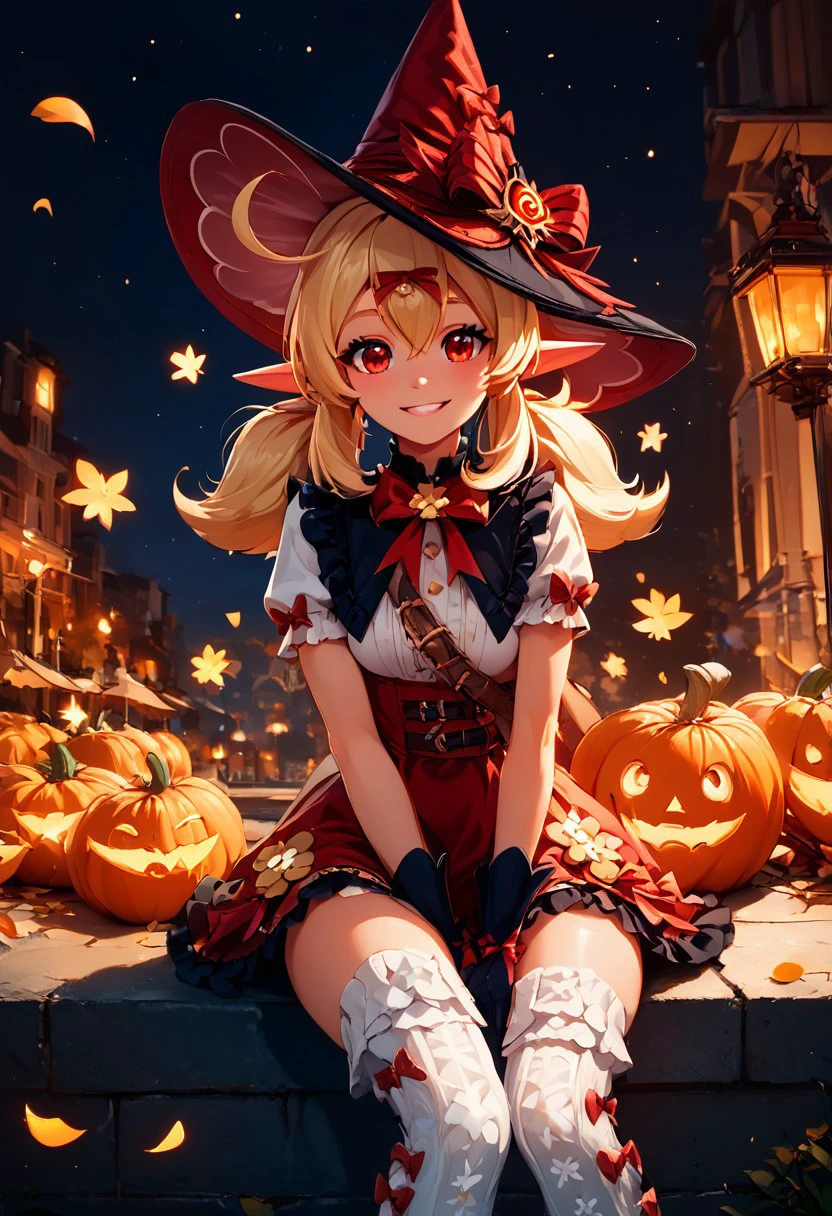 score_9, score_8_up, score_8, medium breasts, (curvy), cute, eyelashes,       
,,,
zzKlee, hair between eyes, red eyes, ahoge, blonde hair, long hair, low twintails, pointy ears, twintails, witch hat, bow, gloves, short sleeves, black gloves, alternate costume, sidelocks, hat bow, 
,,,
BREAK, zzEiffelTower in background, sitting, watercraft, boat, sitting on wall, side view, looking at viewer, smile, 
,,,
BREAK, 
night, glowing, pumpkins, blooming stars, luminescent petals, otherworldly fragrance blurry background, 
,,,
zPDXL, Expressiveh,