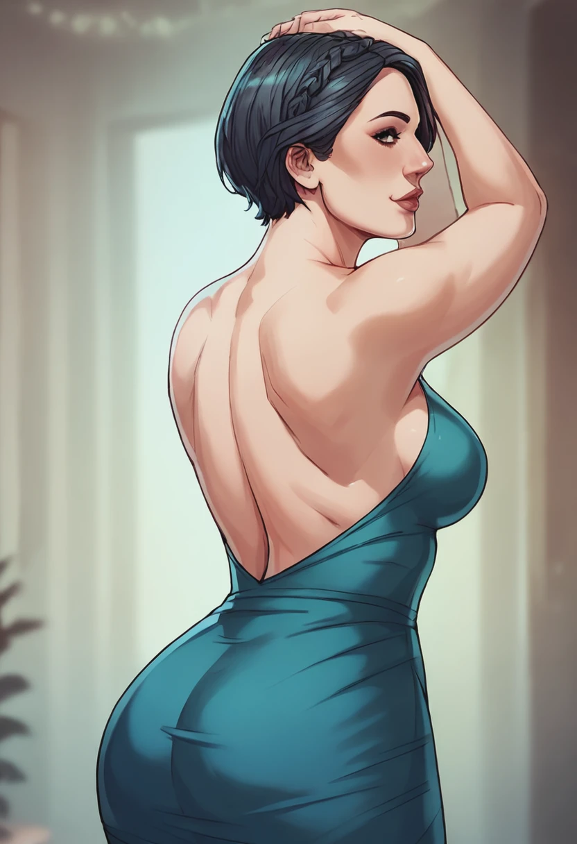 score_9, score_8_up, score_7_up, 1girl, mature_female, large_breasts, portrait, solo, looking_at_viewer, open_eyes, flat color, Balancing in a yoga tree pose, vanishing_point, (Turquoise Backless Dress), very short hair, braids, Black hair, portrait, rating_safe, <lora:pony\artist_styles\eva_kiss_pony:1.0>