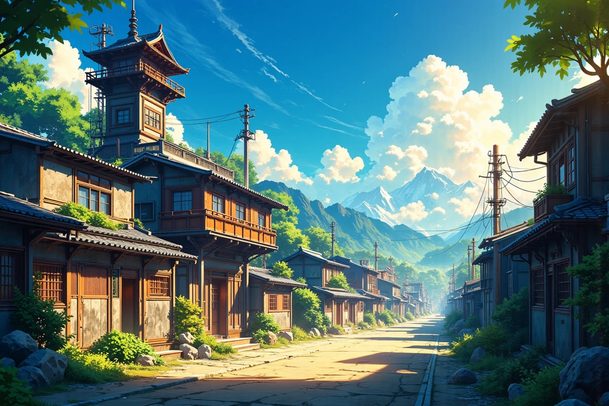 This is an anime style movie background.  The image is rendered in a clean, modern, and vibrant style, with bold, smooth lines and vibrant colors. {__test2_location__|__japanese_countryside_elements__ {and __japanese_countryside_elements__|}}<lora:anime_digital_painting-000011:1>