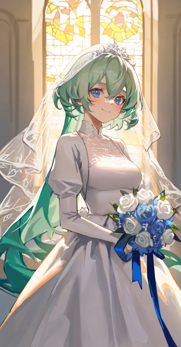 kuragecut,1girl,solo,blush,smile,((bob_cut,very long hair, long hair)),looking at viewer, light green hair, best_quality,masterpiece,modern,indoors,church,stained glass,bridal veil,holding bouquet,Three-quarter sleeve wedding dress,breasts, medium breasts,cowboy shot, blue eyes,,anime_coloring,anime_keyvisual,<lora:kuragecut_v1_illustrious_xl:1>,(sanbonzakura\):1.05), (ciloranko:1.05), (akizero1510:1.05), (as109:0.9524), lam \(ramdayo\), ningen mame, puuzaki puuna, (maccha \(mochancc\):0.9524), (wlop:0.9524), (henreader:0.9524)