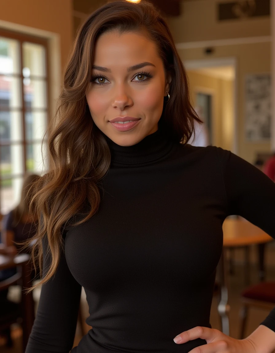 <lora:Jessica_Parker_Kennedy_Flux:1.0> beautiful detailed photograph,  hair cascading over her shoulders,  Wearing an elegant turtleneck dress, standing in a cafe