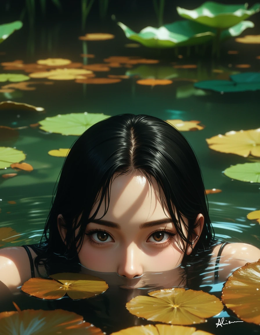 Cinematic-style photograph, digital medium. Close-up of a woman partially submerged in water with intense, expressive eyes peering above the surface. Streamlined dark hair slicked back, reflecting natural light. Surrounding environment features lily pads and blurred aquatic background with rich, earthy greens and muted browns. Dramatic play of light and shadow on water and woman's face creating a mysterious ambiance. High contrast, meticulous detail, capturing an enigmatic, suspenseful moment.