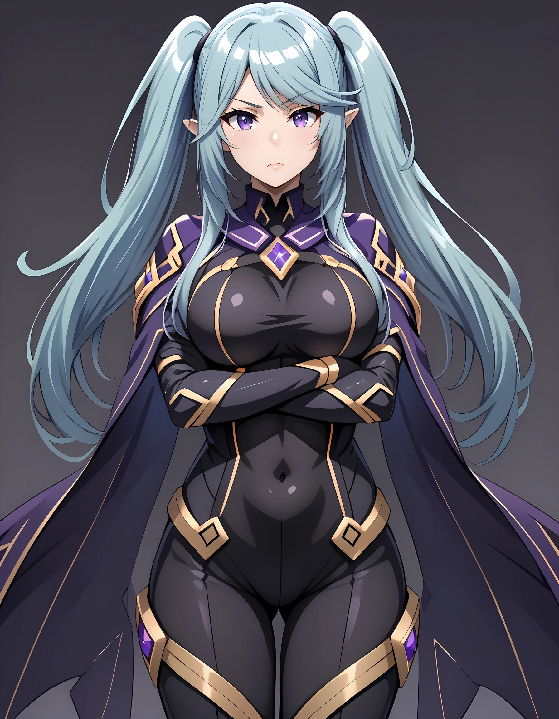 <lora:Epsilon:1>Epsilon_Eminence, 1girl, large breasts, twintails, looking at viewer, black bodysuit, covered navel, purple cape, elbow gloves, closed mouth, sidelocks, standing, thighs, swept bangs, cowboy shot, simple background, arms crossed