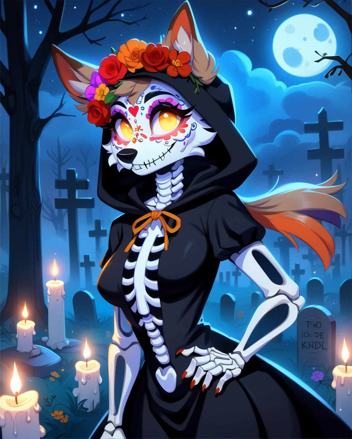 <lora:add-detail-xl:0.5>, <lora:seaart-quality-v1:0.8>, <lora:KatrinaSkeletonSDXL-000007:0.7>, katrinaskeleton, dia de muertos,
anthro, female, coyote, inner ear fluff, tuft, ribs, bone, skeleton, skull, glowing eyes, multicolored eyes,
partially clothed, black dress, hood, thorns, hat, makeup, feathers,
bust portrait, front view, looking at viewer, hand on hip, BREAK,
best quality, toony, cartoon, soft shading, (by velveteksotica, by pipilotti rist:1.10), by fluttershythekind, forest, cemetery landscape, tree, night, moon, fog, candle, cloud, flower