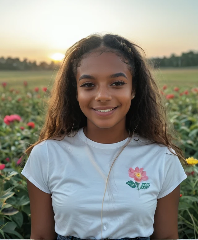 score_9, score_8_up, score_7_up,  <lora:KKVSH:1> kkvsh,  (waist-up photo of a subject in cinematic photography style, lit by dramatic backlighting)  showing a dreamy expression expression, posed resting with head bowed, taken in vibrant flower field,  inspired by the work of Ansel Adams., multicoloredcrewneck shirt and jeans, headshot in a coffeshop, smiling,  dark skin women, looking at viewer, facing the viewer