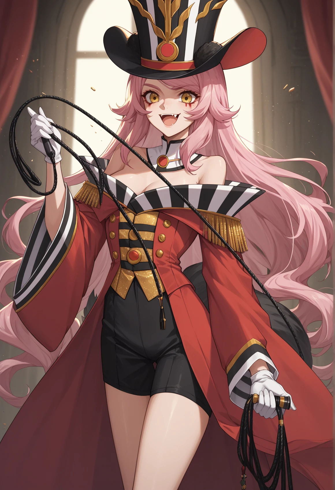 solo <lora:Koyanskaya_pony:1> long hair, pink hair, yellow eyes, fox ears, fox tail, black animal ears, black tail, striped clothes, red dress, long sleeves, wide sleeves, black miniskirt, off shoulder, corset, top hat, single thighhigh, White gloves. holding whip, open mouth, fang, circus, score_9, score_8_up, score_7_up, score_6_up, score_5_up, score_4_up, BREAK source_anime, masterpiece