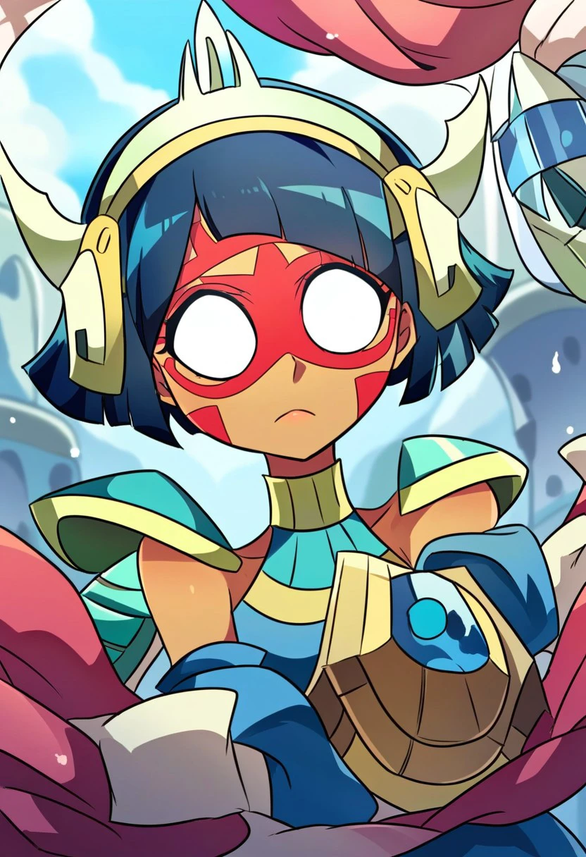 (insanely detailed, masterpiece,  best quality), very detailed, high detailed texture, score_9, score_8_up, score_7_up, 1girl, queennai, queen nai (Brawlhalla), dark skin, dark-skinned female, facial mark, no pupils, white eyes, armor, shoulder armor, leggings, cute, adorable, full body, thighs,