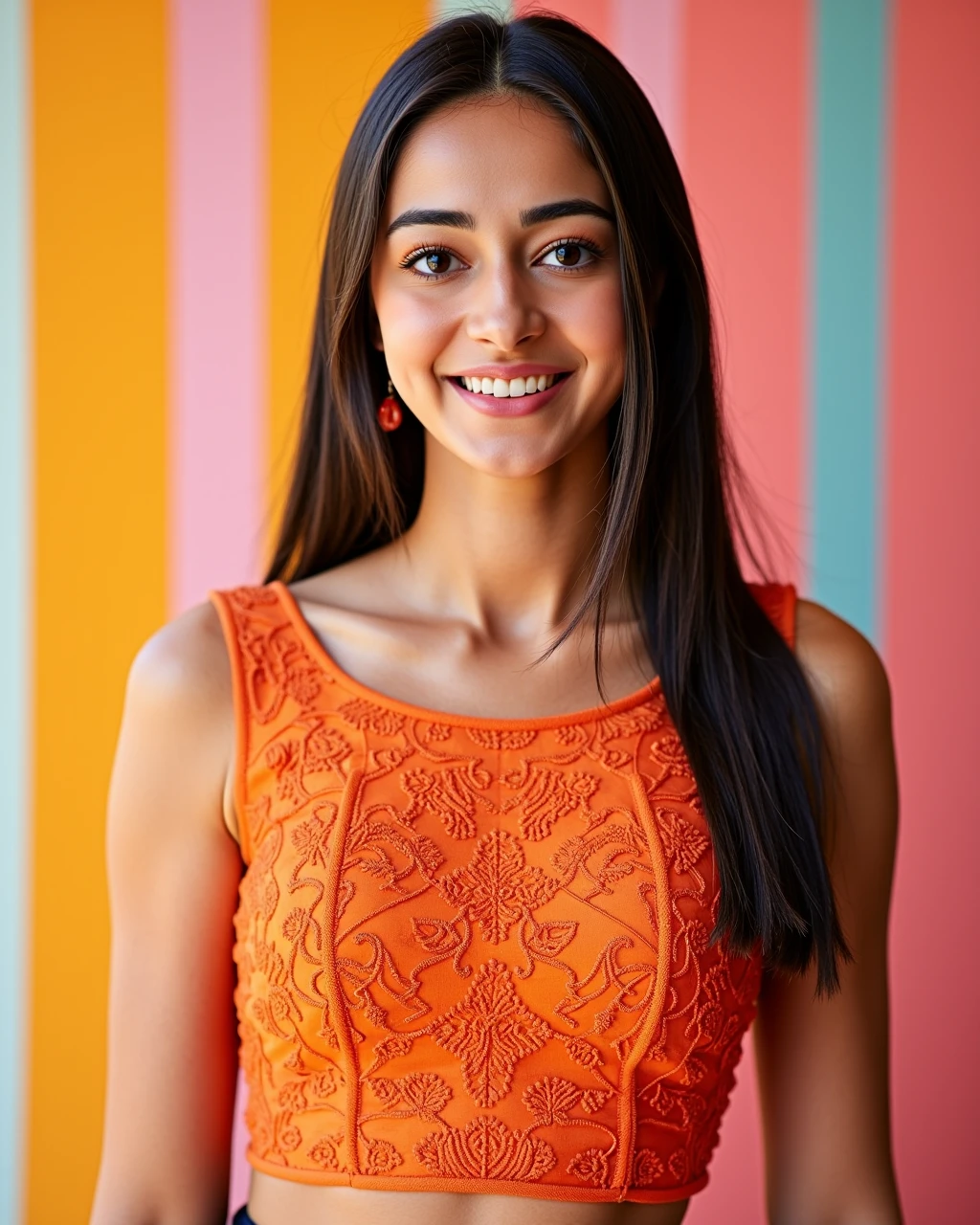 full body photo of Ananya Pandey woman,candid photo with natural colors, smiling expression on face,studio quality, wearing intricate elegant sleeveless Orange Ghagra Choli, straight hair, work appropriate clothing, pastel shaded multicolored background, cinematic soft lighting<lora:TestBed\Ananya_Pandey_Flux_Kohya_V1.safetensors:0.8:0.8>