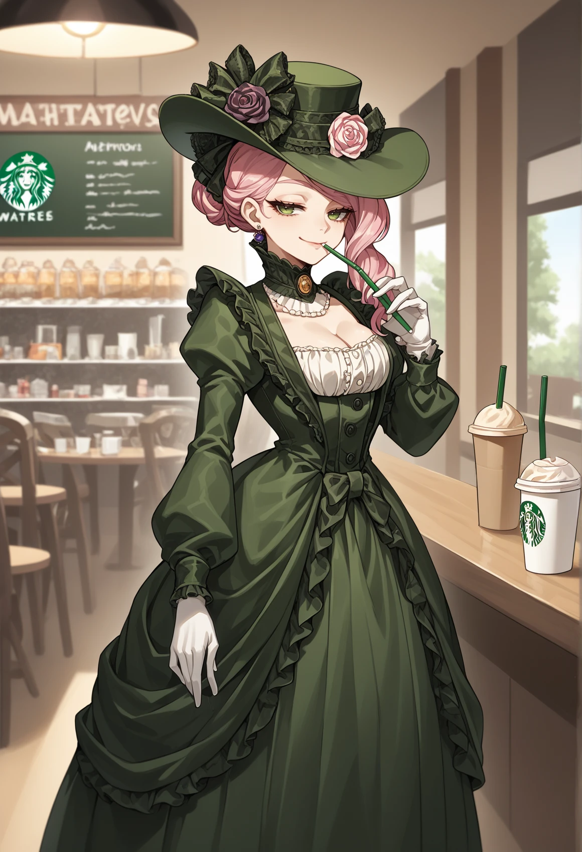solo <lora:Koyanskaya_pony:1> pink hair, single sidelock, hat, green headwear, victorian, dress, green dress, white gloves, cleavage, long skirt, half-closed eyes, smug, drinking straw, starbucks, indoors, cafe, score_9, score_8_up, score_7_up, score_6_up, score_5_up, score_4_up, BREAK source_anime, masterpiece