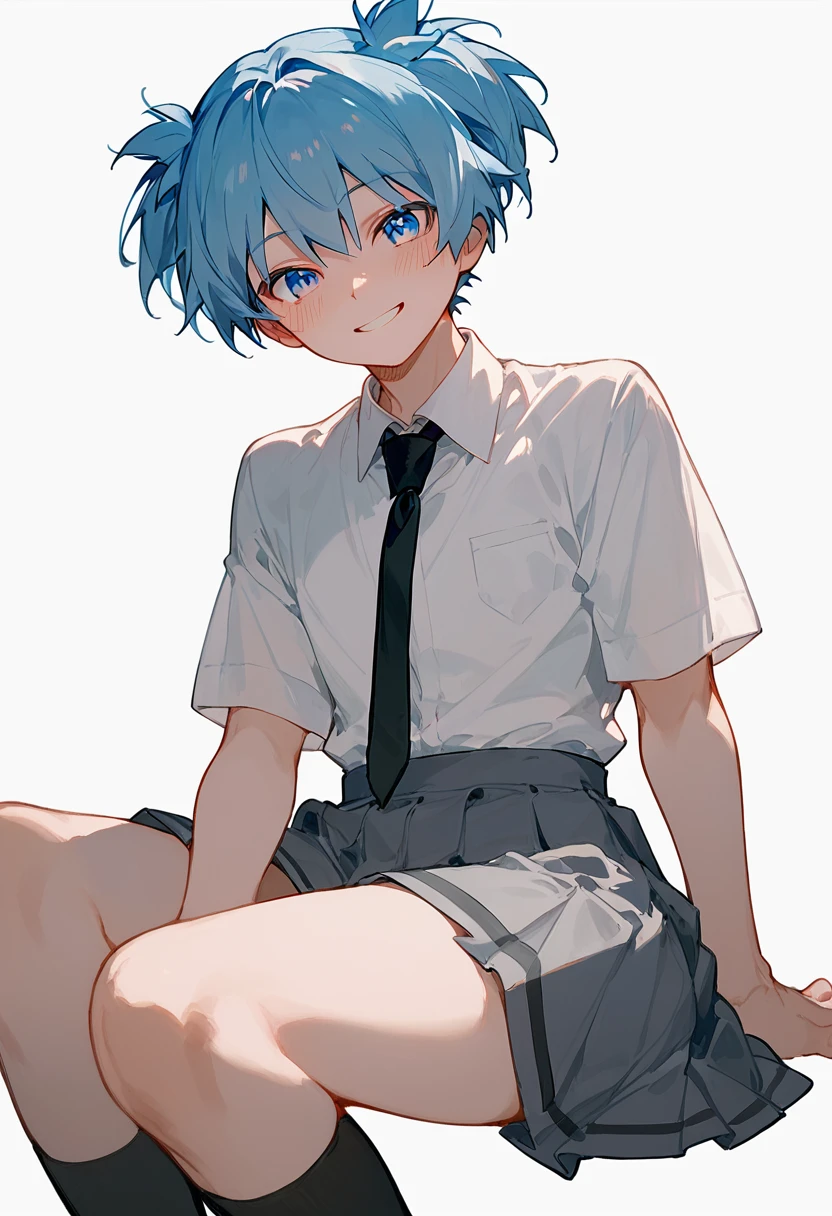 score_9, score_8_up, score_7_up, simple background, white background,  <lora:nagisa01-000014:1>, nagisa, 1 boy, blue hair, blue eyes, short twintails, white shirt, collared shirt, black tie, grey skirt, pleated skirt, sitting, legs, black kneehigh, looking at viewer, smile, blush, hips,