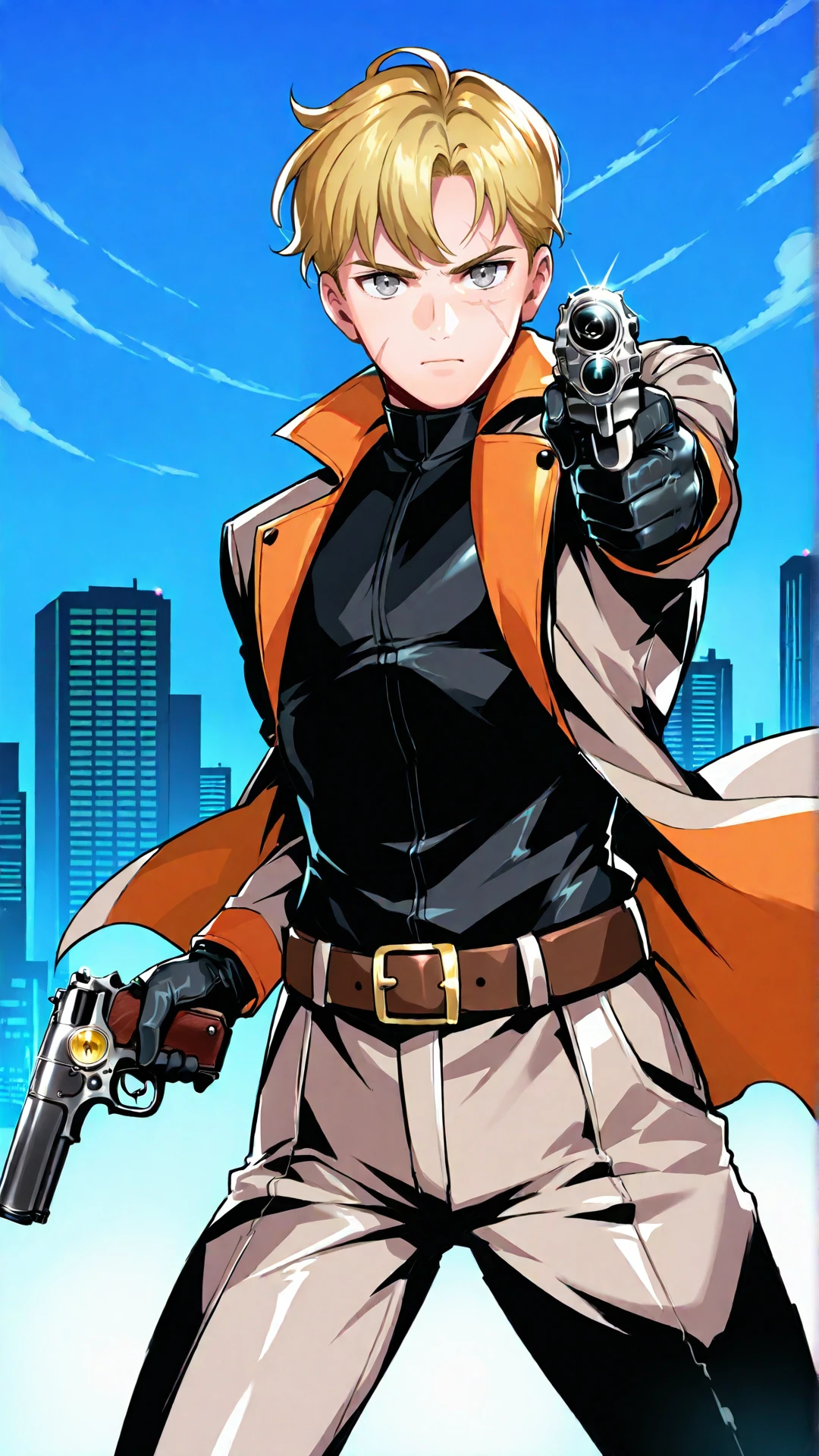 sjsartstyle, 2d, (zPDXL2), cowboy shot, dynamic pose, dynamic angle, webtoon, anime, centered, solo, 1man, perfect hands, dual wielding, holding two Colt revolver handguns, mature, blonde hair, black skintight suit, gray eyes, scar over face, pointing at viewer, (detective long beige coat), black gloves, belt, cargo pants, boots, outdoors, modern city background, <lora:sd_xl_dpo_lora_v1:1>, <lora:OMG-Is-DucHaiten_v1.0:0.1>, <lora:sjsartstyle Illustrious:1>