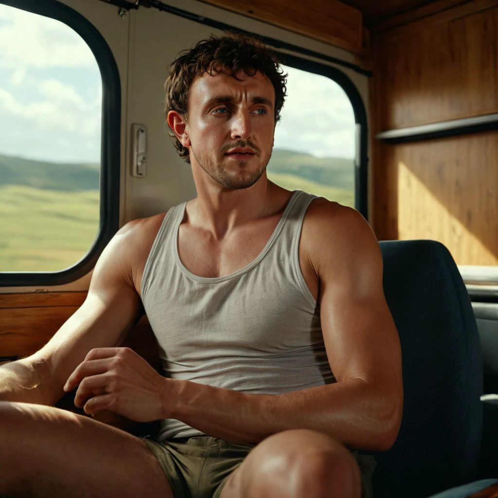 low camera shot, Paul Mescal a man <lora:Paul-Mescal:0.9>, detailed face, sitting legs crossed inside cabin lorry, legs dangling, wearing tank top, sunlight, barefoot, masterpiece,8k,depth of field, bokeh, detailed,sharp focus,,elegant, cinematic lighting, ,photorealistic, taken using a Leica SL2 & the APO-Summicron-SL 28 f/2 ASPH lens, shutter speed 1/200s, ISO 100 and natural light, Hyper Realistic Photography, Cinematic, Cinema, Hyperdetail, UHD, Color Correction, hdr, color grading, hyper realistic CG animation ((remarkable color)), (ultra realistic), textured skin, remarkable detailed pupils, ((realistic dull skin noise)), ((visible skin detail)), ((skin fuzz)), shot with cinematic camera, 3D render, ((hyper realism)), sharp focus, cinematic lighting, photo realistic, hyper realistic. 4k, natural, global illumination, caustics, ratytracing, Unreal Engine, highly detailed, High dynamic range, vivid, rich details, clear shadows and highlights, realistic, intense, enhanced contrast, highly detailed <lora:add-detail-xl:1>