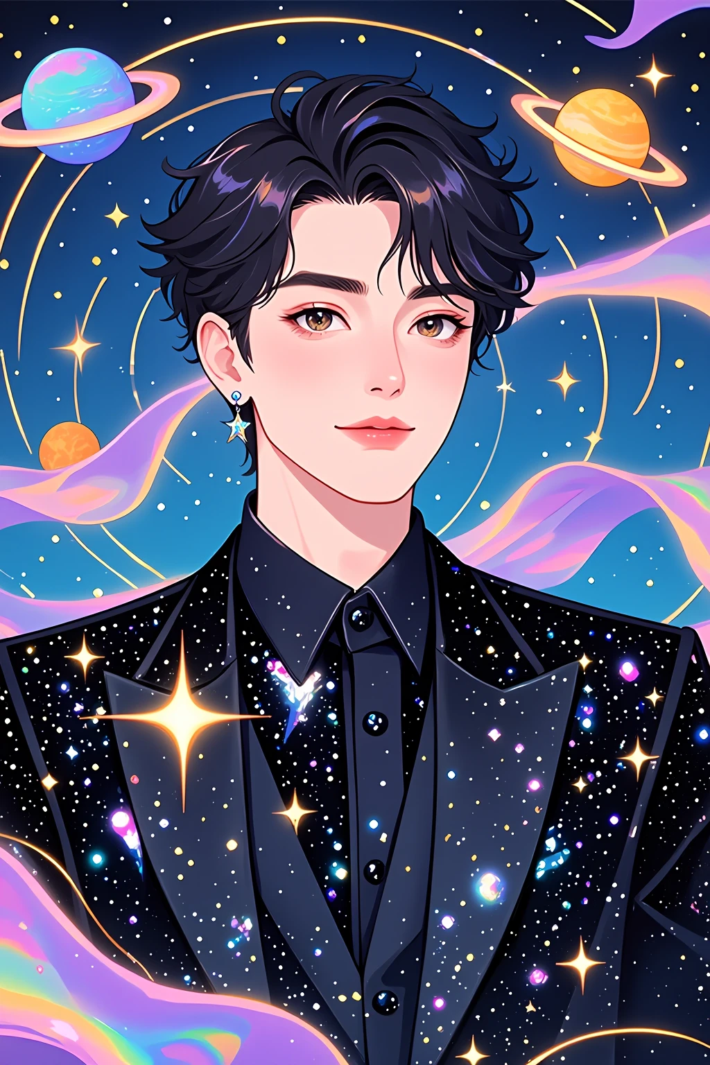 Cassiopeia,This is a digital illustration in a vibrant, cosmic style, featuring a young man with fair skin and a delicate, symmetrical face. His hair is dark and slightly tousled, styled with a modern, slightly messy look. He has expressive, almond-shaped eyes with a soft, golden hue, and a subtle, confident smile. His makeup is minimal, with a light touch of blush and a glossy lip.He is dressed in a black suit jacket adorned with sparkling, star-like sequins that mimic the night sky, giving it a celestial theme. Underneath the jacket, he wears a black shirt with a high collar. His earrings are small, silver studs that add a touch of elegance.The background is a swirling, cosmic landscape, dominated by deep blue and purple hues with hints of pink and green. The scene is filled with stars, galaxies, and planets, including a large, blue planet with rings, and a smaller, orange planet. Golden, flowing lines and curves add depth and movement to the image, enhancing the cosmic theme. The overall effect is both whimsical and sophisticated, blending elements of fantasy and modern fashion in a celestial setting.Exquisite details