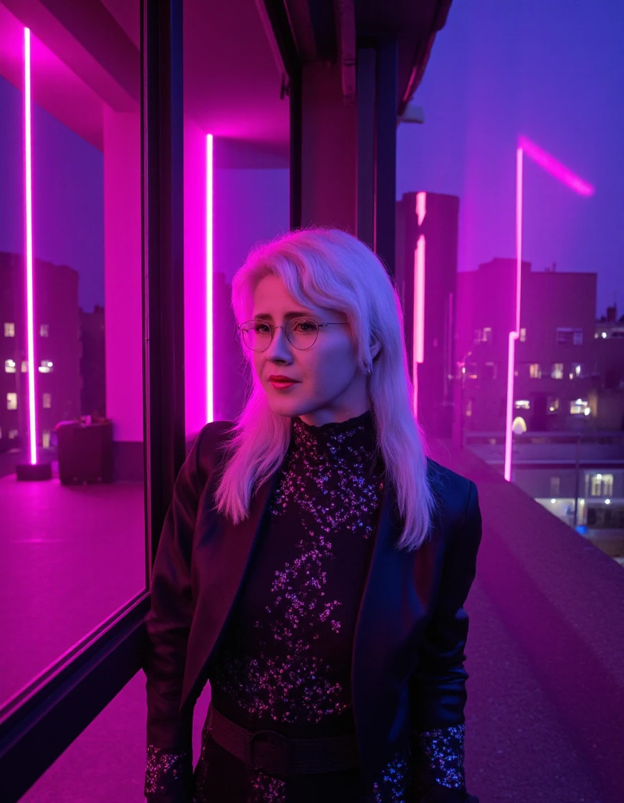 neonpunk style vaporwave style <lora:Mona Keijzer:1.8> mona keijzer, (((white hair))), glasses, looking at viewer, long hair, looking at viewer, rooftop view, cityscape, . retro aesthetic, cyberpunk, vibrant, neon colors, vintage 80s and 90s style, highly detailed . cyberpunk, vaporwave, neon, vibes, vibrant, stunningly beautiful, crisp, detailed, sleek, ultramodern, magenta highlights, dark purple shadows, high contrast, cinematic, ultra detailed, intricate, professionalâââ