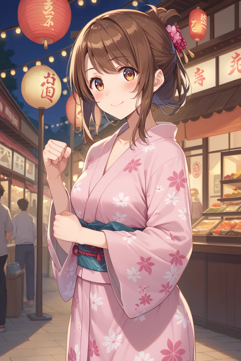 Gao Jiejie,Highest quality,Detailed Background,night,Fireworks seen from between the food stalls,1 Girl,Red eyes,smile,Long twin tails,Brown Hair,Eyebrows visible through hair,Flat Chest,Blue yukata,Cleavage,Nipples,upper body,1boy,((boy hand touch her breasts)),hetero,breast grab,steam,orgasm,(hetero)