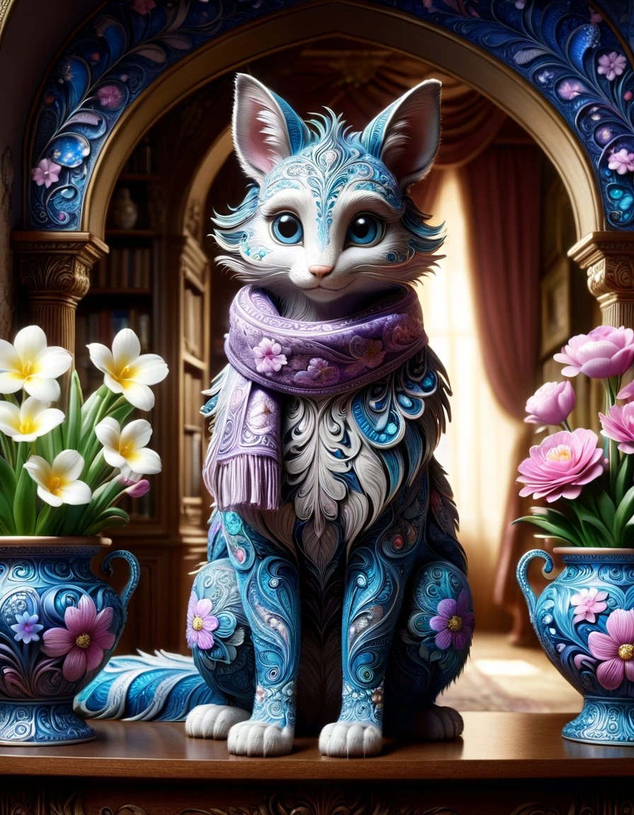 spring fauna with Pots with flowers, (ral-elctretch:1.2) , he is Intellectual, Facing forward, Visionary Fur Scarf, Wide view, detailed, masterpiece, Lonely, Cartooncore, Depth of field 270mm, ornate, <lora:ral-elctretch:1>, original, magic atmosphere, best, elegant, enchanted, highly color focused, highly decorated