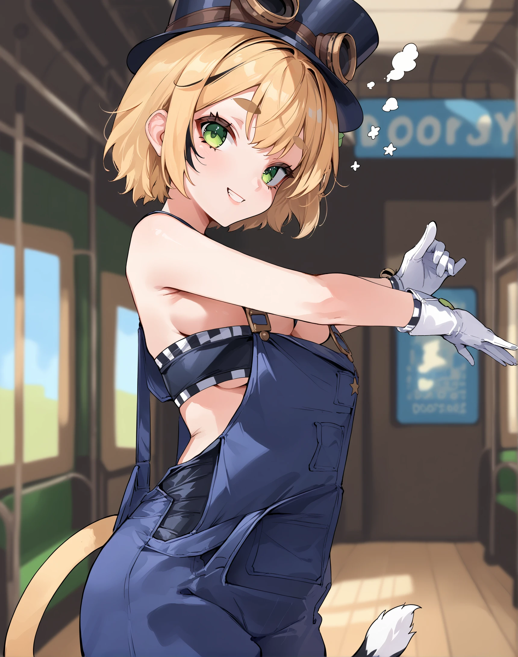 score_9, score_8_up, score_7_up, source_anime, anime, BREAK, best quality, very aesthetic, crisp image, absurdres,  hotfiy,  <lora:doobyPonyXL:1>, 1girl, dooby, short hair, tail, overalls, tube top, hat, goggles, green eyes, hair ornament, white gloves, cowboy shot, smug, looking at viewer,