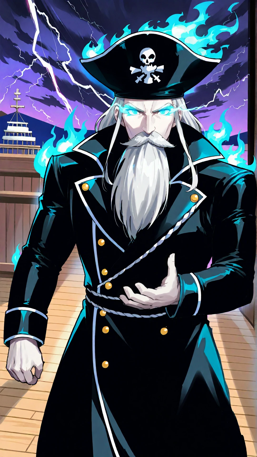 sjsartstyle, 2d, (zPDXL2), cowboy shot, dynamic pose, dynamic angle, webtoon, anime, centered, perfect hands, 1man, long coat, (((pale skin))), old man, mature, male focus, long beard, ghost pirate, black pirate hat, ghost parrot, white parrot, shining blue flaming eyes, chill aura, ship, storm, lightning in the sky, onboard, wooden floor, sails, ropes, <lora:sd_xl_dpo_lora_v1:1>, <lora:OMG-Is-DucHaiten_v1.0:0.1>, <lora:sjsartstyle Illustrious:1>