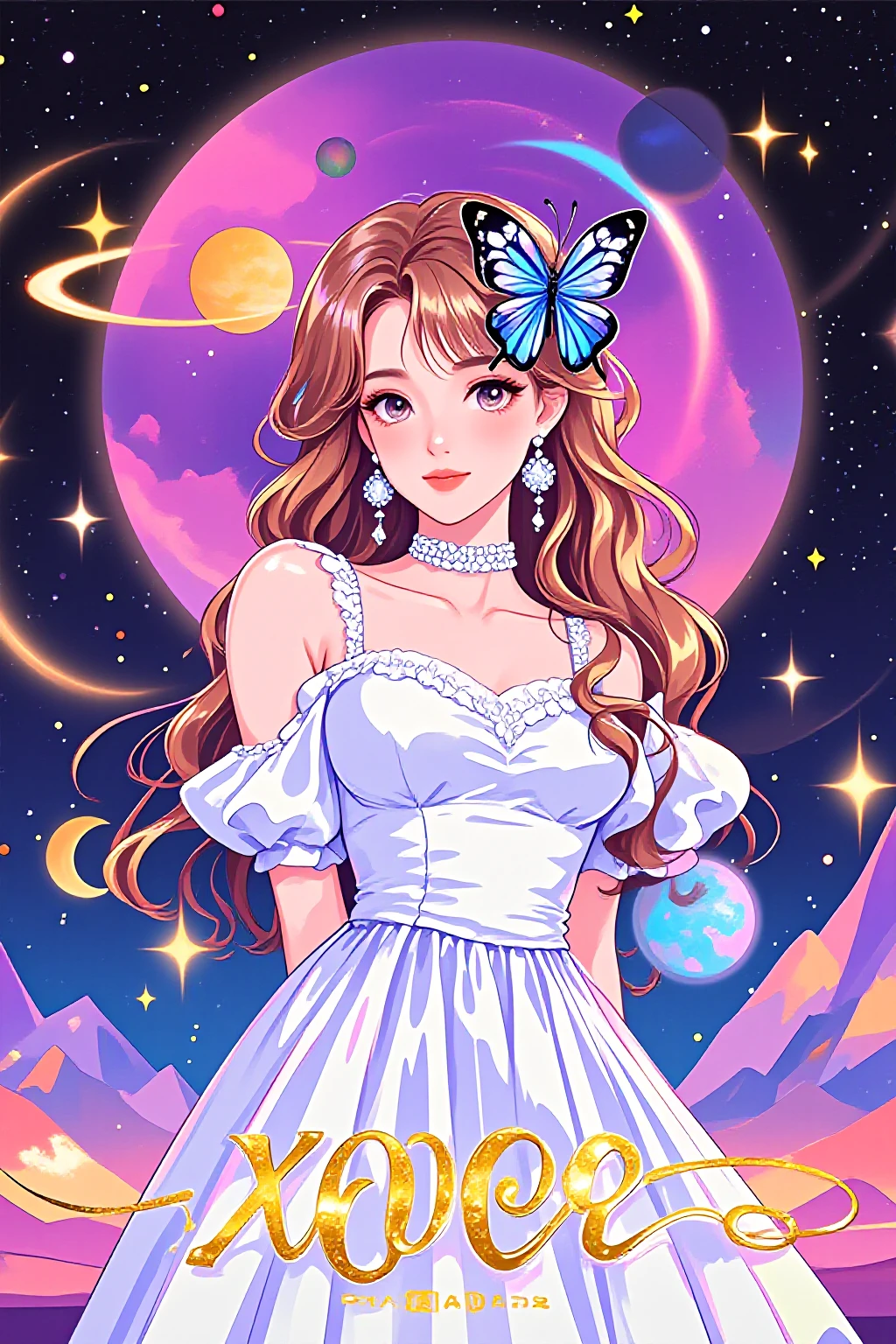 Cassiopeia,This is a vibrant, digital artwork featuring a young woman with long, wavy, light brown hair adorned with a large, blue and black butterfly on her right shoulder. She has fair skin and wears a flowing, white off-the-shoulder dress with puffed sleeves, which adds a romantic and ethereal feel to her appearance. Her expression is calm and serene, with her eyes closed as if she is in a meditative state. She is accessorized with a sparkling, white choker necklace and large, ornate earrings that match the style of her dress.The background is a cosmic scene with a large, glowing, pink and purple planet dominating the center, surrounded by smaller, colorful planets and stars. The night sky is filled with twinkling stars and a distant, mountainous landscape adds depth to the scene. The text at the bottom of the image, written in a stylized, golden font "XOR",The overall aesthetic is a mix of modern digital art with a retro, vintage flair, characterized by bright, bold colors and a dreamy, cosmic theme. The combination of celestial elements and the woman's elegant attire creates a harmonious and whimsical atmosphere