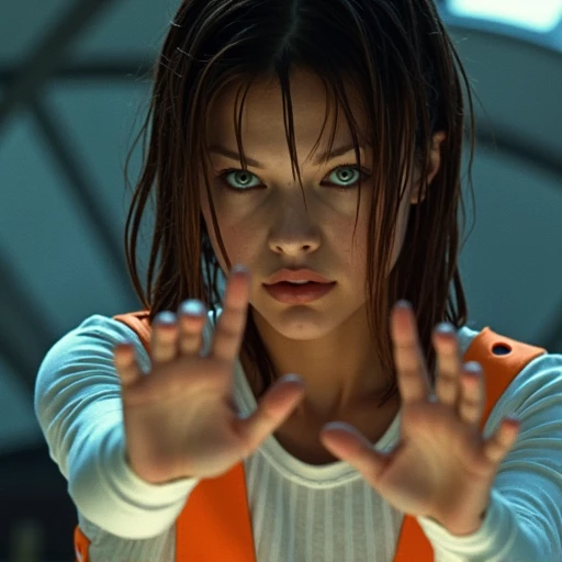 with fingers spread in a tense, with piercing blue eyes and soft facial features. The background is slightly blurred, highlighting her determined demeanor and capturing the sci-fi atmosphere., highlighting her facial features and hair vividly., fitted top with orange suspenders that have circular cutouts. The background is a futuristic setting, casting dramatic shadows that add depth to the scene. The lighting is soft and angled, A close-up shot of a woman with wet, looking intently forward with a focused expression. She is wearing a white